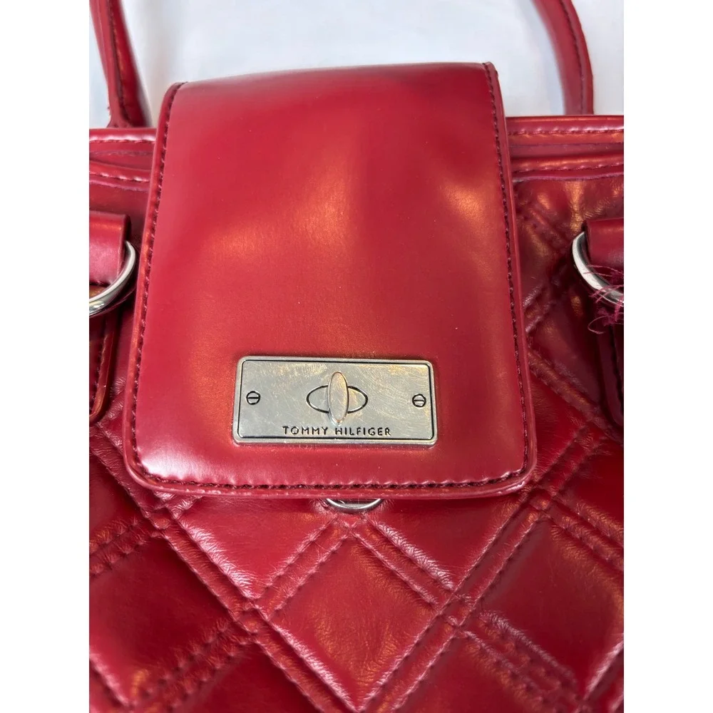 Tommy Hilfiger Red Quilted Faux Leather Shoulder Bag Tote Silver Tone Hardware
